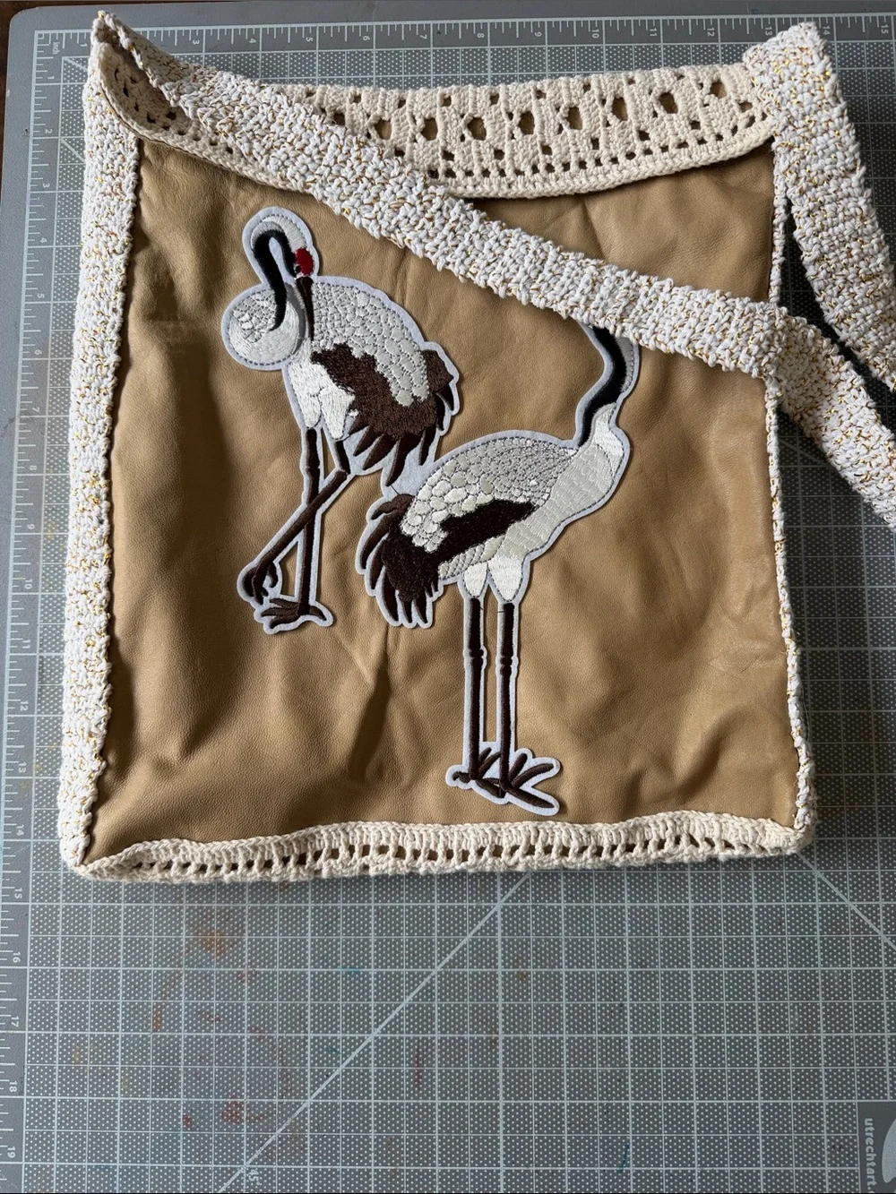 Hand Crafted Tan and Cream Crane Embroidered Shoulder Bag
